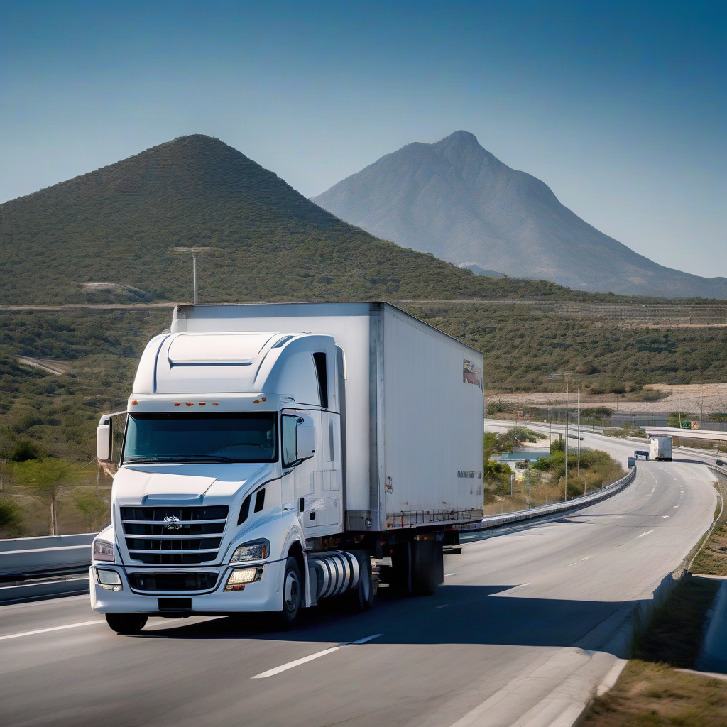 Camión blanco de fletes en autopista de Monterrey frente al Cerro de la Silla