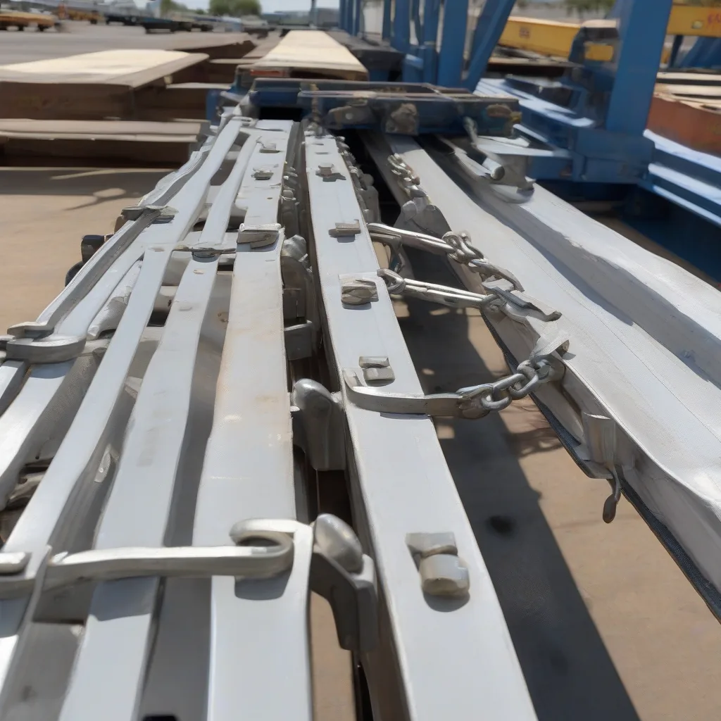Detalle de sujeción de carga pesada con bandas y cadenas en plataforma