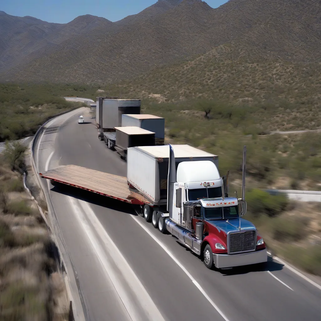 Tractocamión con plataforma abierta de 53 pies en tránsito por carreteras de Nuevo León